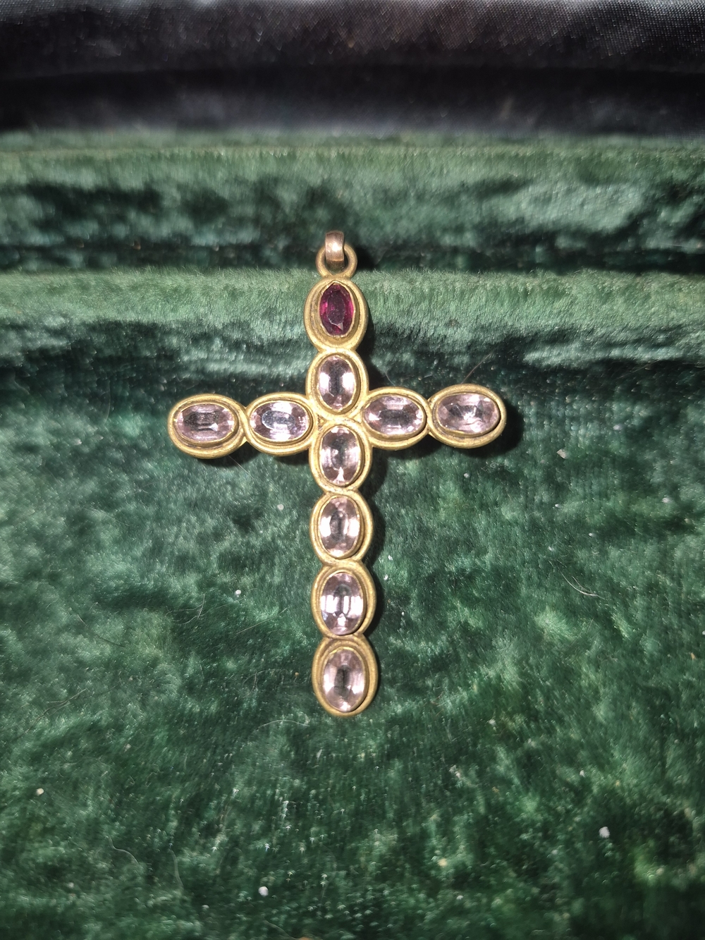 Brass Cross Pendant with Pink and Red Gemstones
